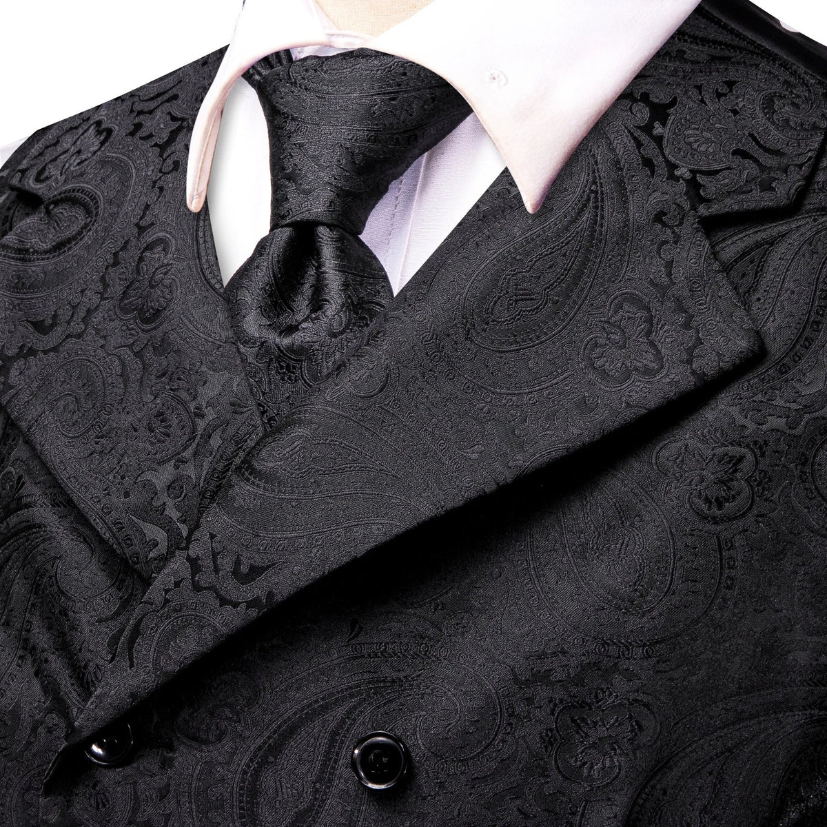 Men's Vest Tie Hanky Cufflinks Set – Black Green Jacquard Floral Paisley – Wedding & Banquet