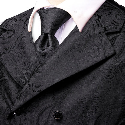 Men's Vest Tie Hanky Cufflinks Set – Black Green Jacquard Floral Paisley – Wedding & Banquet