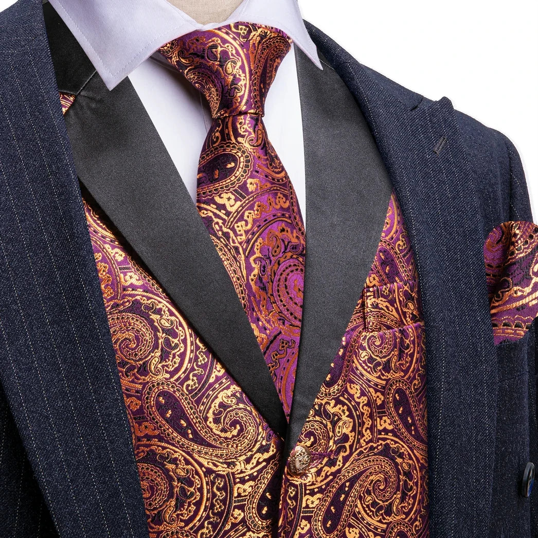 Men's Jacquard Paisley Vest Notched Lapel 3-Piece Set for Weddings & Formal Events – Purple