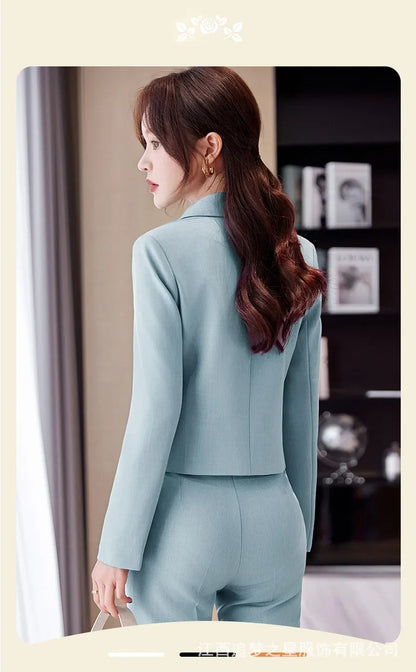 Blue Suit Women 2024 New Spring High End Fashion Temperament Professional Short Blazer And Pants Sets Office Ladies Work Wear
