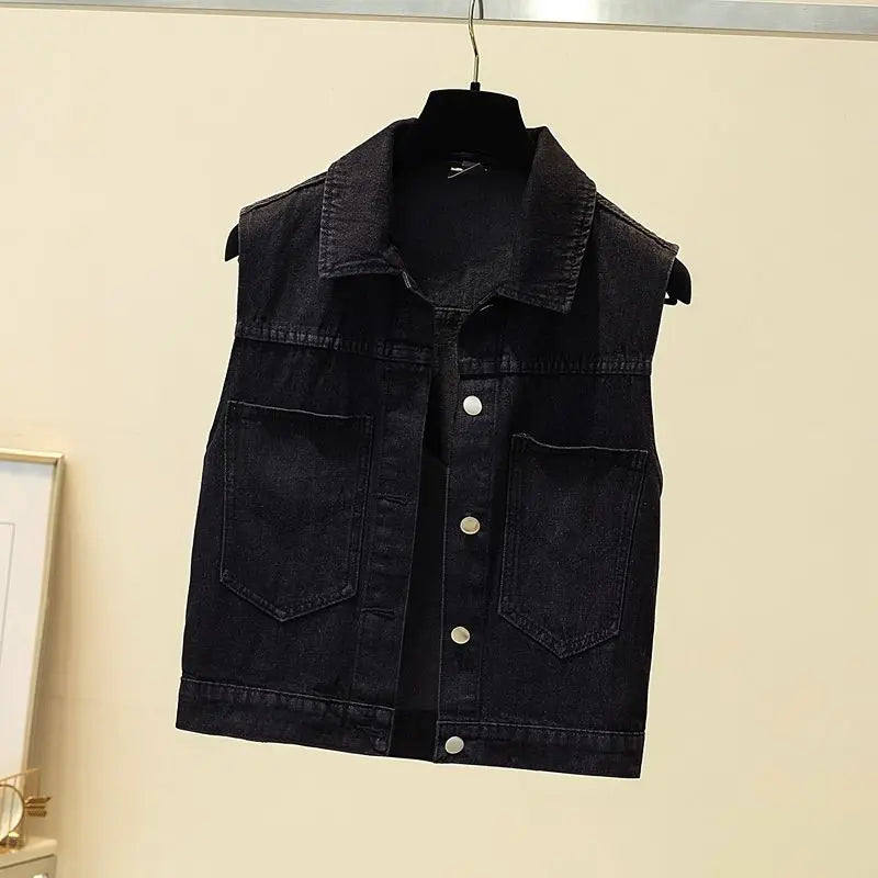 Women's Hot Drill Denim Vest Cropped Sleeveless Top Korean Fashion Streetwear Diamond Designer Vest Coat Trendy Jeans Waistcoat