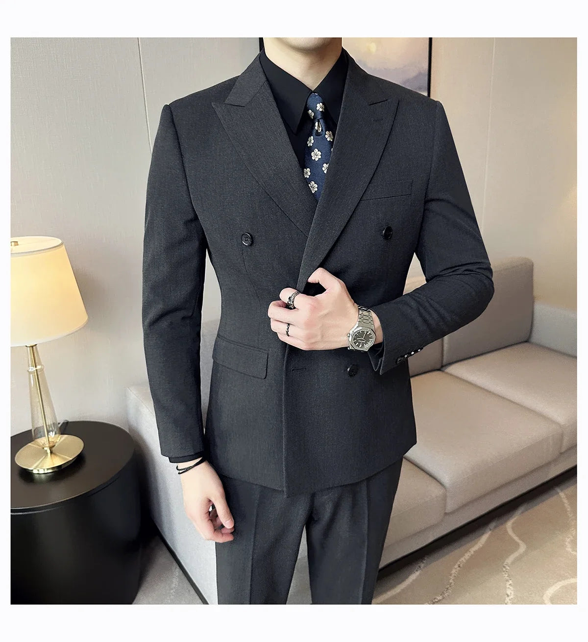 Men's Double Breasted Suit Set – Slim Fit Blazer, Vest & Pants for Wedding & Business