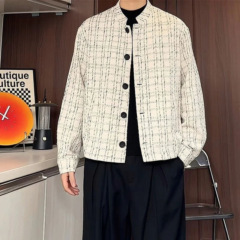 Men's Spring High-End Plaid Blazer Bad Boy Style Cropped Jacket Chinese Stand Collar Suit Outerwear
