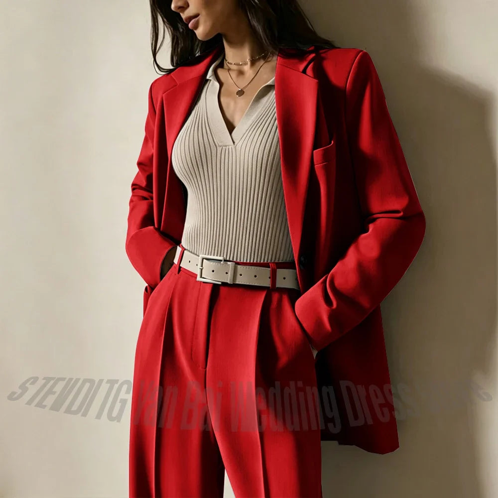 Dusty Blue Women Suits Casual Loose Single Breasted Blazer Pants 2 Piece Minimalist Fashion Office Daily Wear Outfit Set