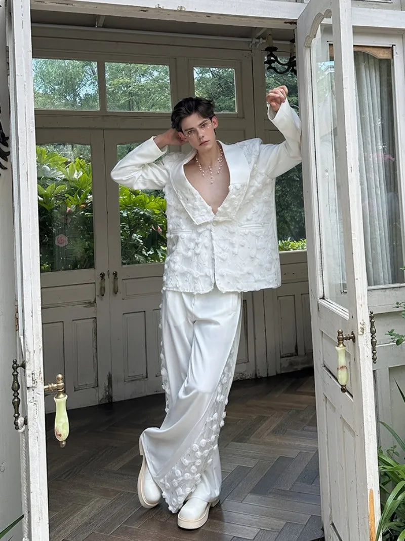 Mens Spliced Flowers Suit Jacket Wide Leg Pants Two Piece Set Loose Fit Spring Summer Designer Elegant Fashion Banquet Suits Set