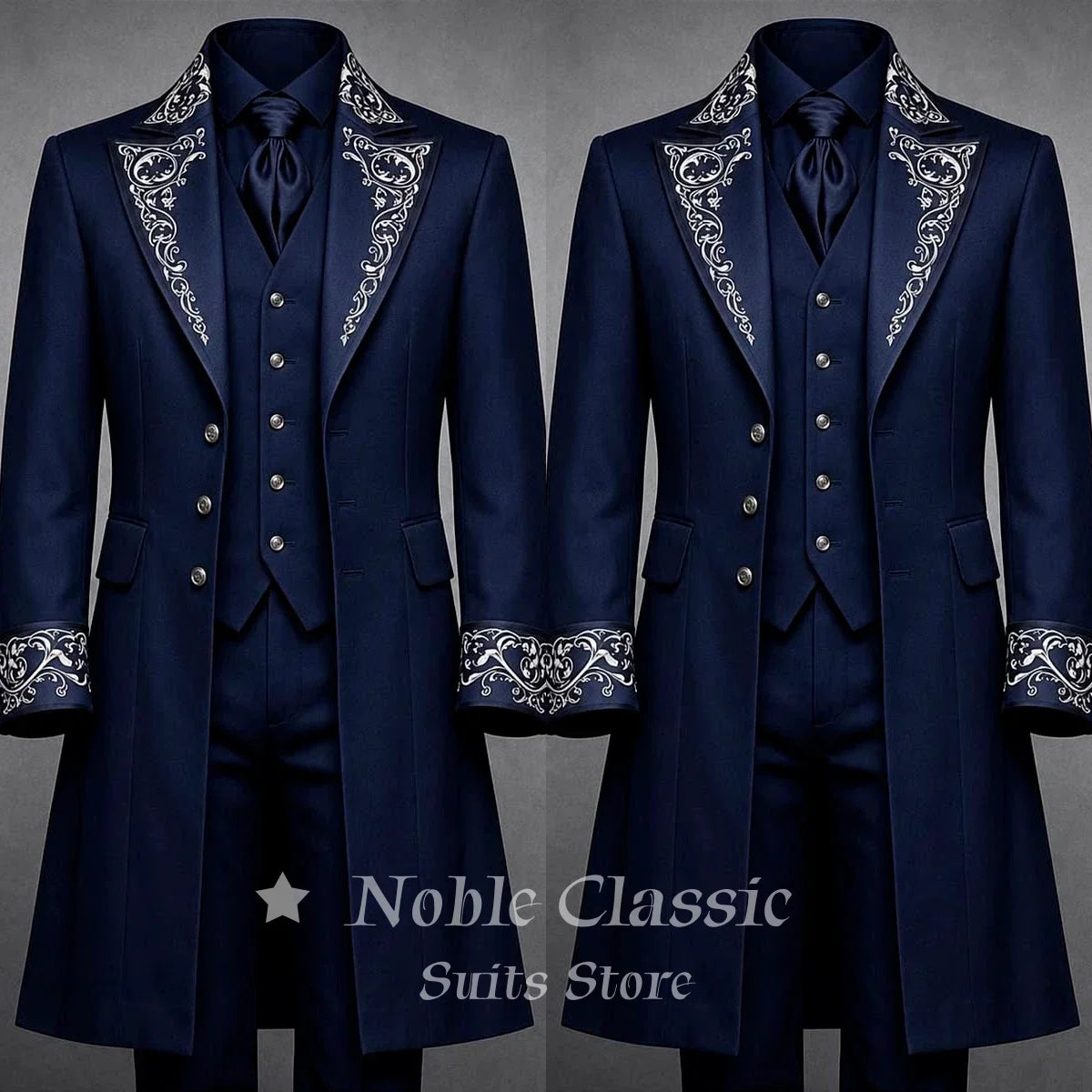 Vintage Court Men 3 Piece Suit White Embroidery Long Overcoat Formal Tuxedo Jacket Vest Pants Luxury Wedding Evening Customized