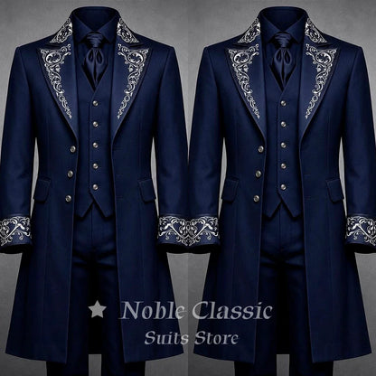 Vintage Court Men 3 Piece Suit White Embroidery Long Overcoat Formal Tuxedo Jacket Vest Pants Luxury Wedding Evening Customized