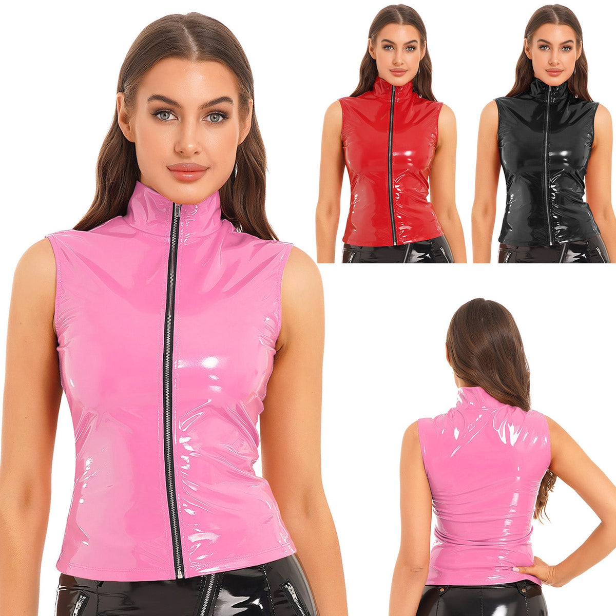 Adults Wet Look Sleeveless Waistcoat Women Fashion Zipper Vest Patent Leather Tops Vests Nightclub Clubwear Clubbing Costume