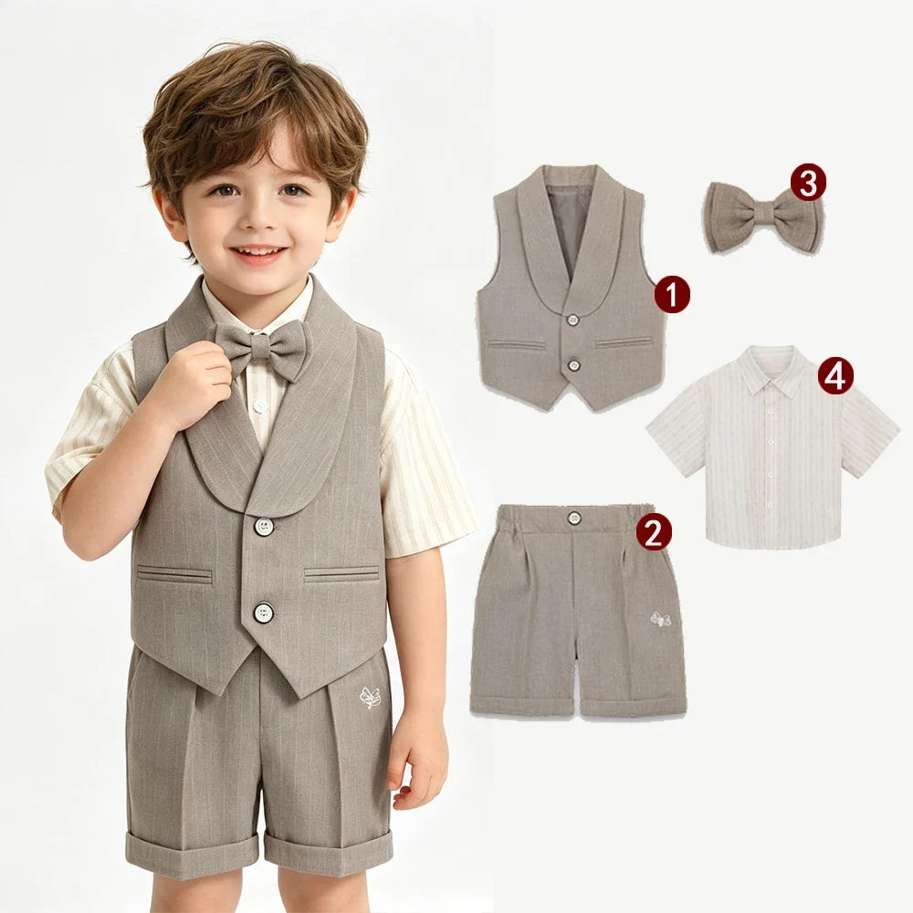 3Pcs Toddler Boy Gray Vest Suit Striped Short Sleeve Shirt Bow Tie Shorts Kids Wedding Baptism Birthday Gentleman Formal Outfit