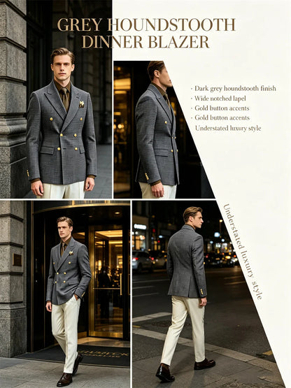 Men's Houndstooth Double Breasted Blazer Vintage Slim Jacket  Fit Formal Business Wedding Party Coat For Men Autumn Winter