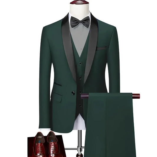 Men's 3-Piece Suit Set with Lapel Collar for Wedding & Business Formal Occasions