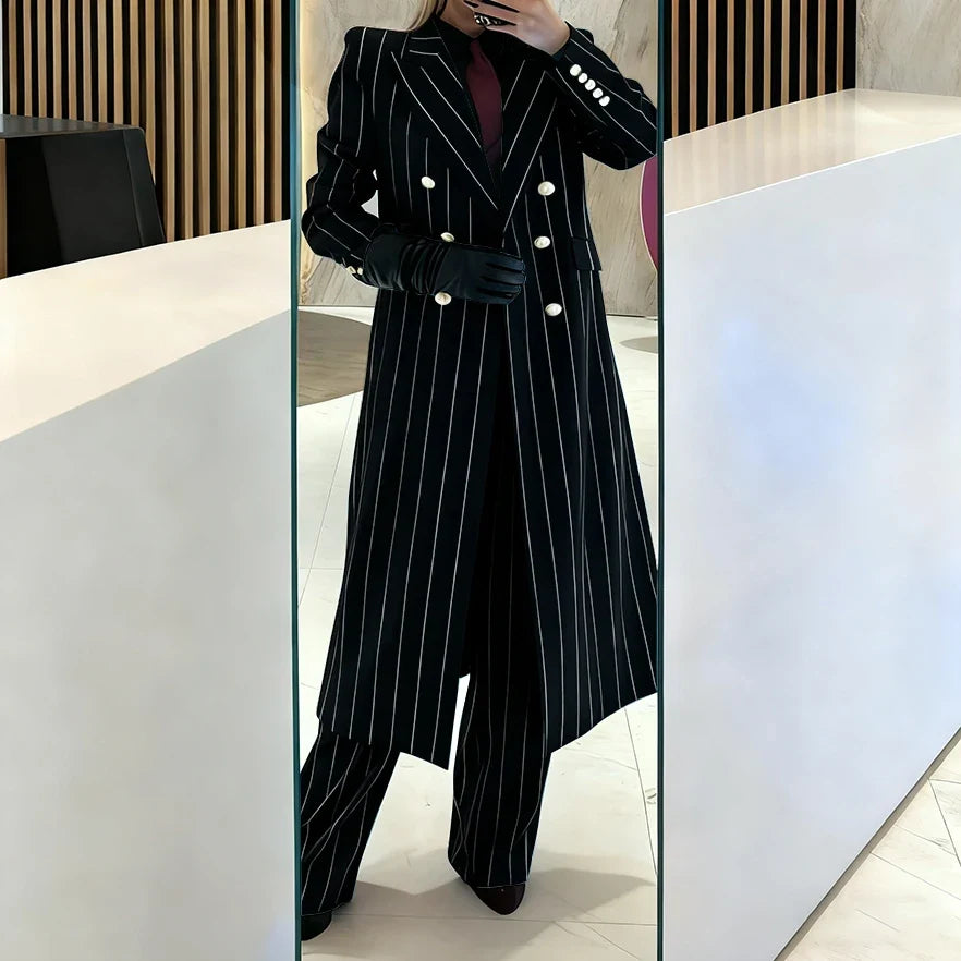 Burgundy Women's Suits Pinstripe Double Breasted Peaked Lapel Long Coat+Pants Set Elegant Formal Office Evening Party Outfit