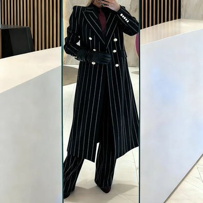 Burgundy Women's Suits Pinstripe Double Breasted Peaked Lapel Long Coat+Pants Set Elegant Formal Office Evening Party Outfit