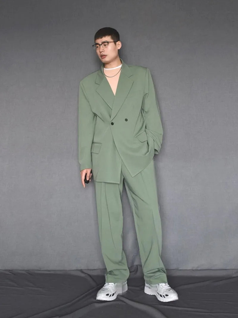 New Designer Men Loose Fit Double Breasted Blazer Pants Two Piece Set Oversized Business Casual Matching Set Fashion Suits Male