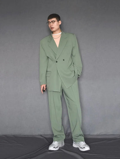 New Designer Men Loose Fit Double Breasted Blazer Pants Two Piece Set Oversized Business Casual Matching Set Fashion Suits Male