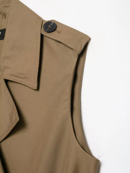 New Slim Fit Cropped Sleeveless Trench Vest Women Khaki Lapel Double Breasted Self Tie Belt Waist Cinching Street Outer Top