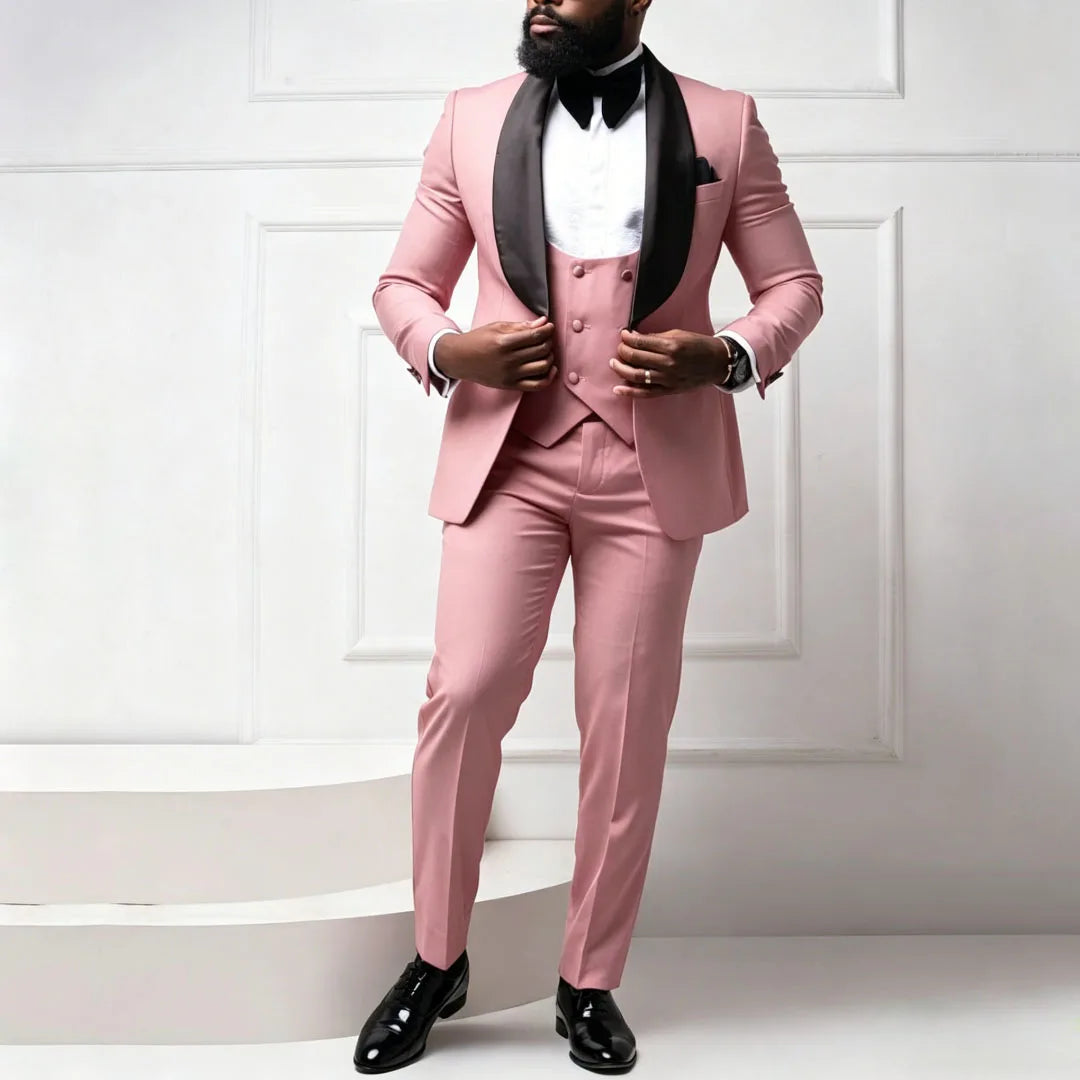 Men Suit Coffee 3 Pieces With Bright Black Lapel For Wedding Birthday Party Banquet Business Work Set Jacket Verst With Pants