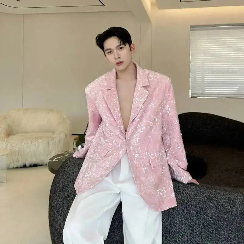 Blazer 2025 Autumn New Sequin Patchwork Luxury Elegant Temperament Coat Men's Fashion Handsome Shoulder Pad Coat JY5816