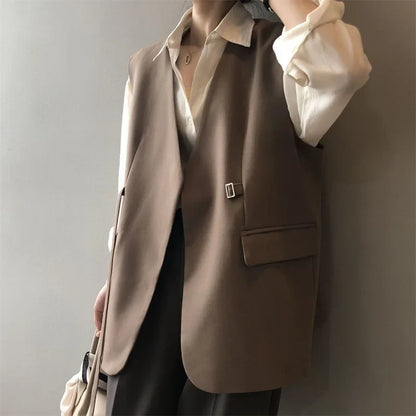 Women V-Neck Suit Coats Casual Sleeveless Blazer Korean Style Oversize Work Vests 2025 Spring Elegant Solid OL Blazer