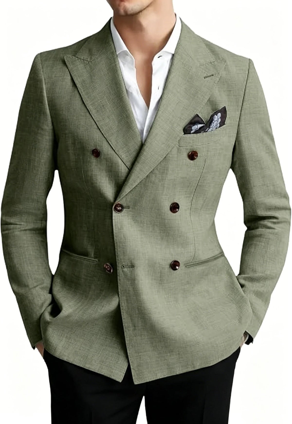 Men’s Linen Blend Suit Blazer Double Breasted Casual Peak Lapel British Style Jacket  Soft Breathable Men Suit For Summer Beach