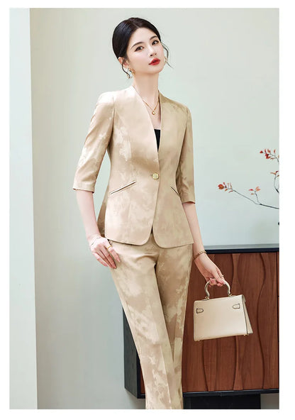 Fashion Office Ladies Blazer and Pants Suit Formal V Neck Half Sleeve Women Jacket Trouser Women Business Work Wear 2 Piece Set