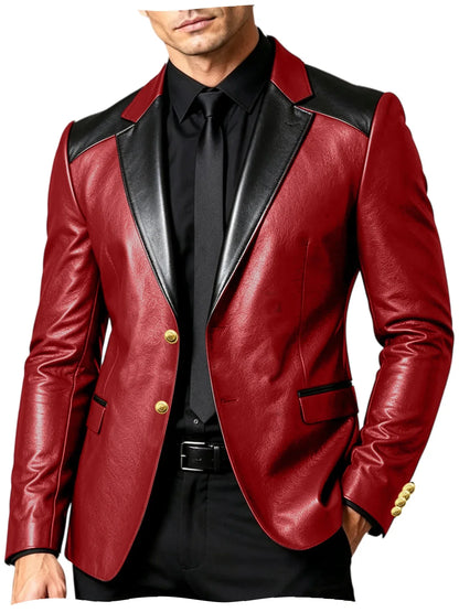 PU Leather Men's Suit Blazer Patchwork Style Wedding Groom Tuxedo Formal Office Prom Jacket High Quality Business Casual Coat