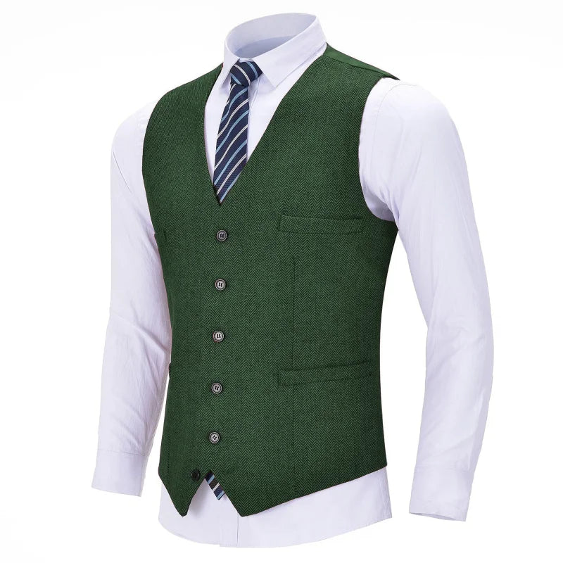 Men's Herringbone Vest Single Breasted Formal Waistcoat for Weddings and Business