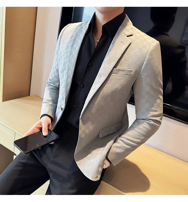 2024 Spring Plaid Blazers Men Single Breasted Casual Business Suit Jacket Fashion Slim Social Banquet Wedding Groom Dress Coats