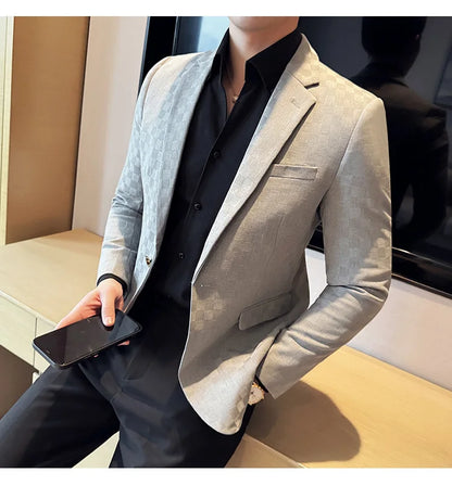 2024 Spring Plaid Blazers Men Single Breasted Casual Business Suit Jacket Fashion Slim Social Banquet Wedding Groom Dress Coats