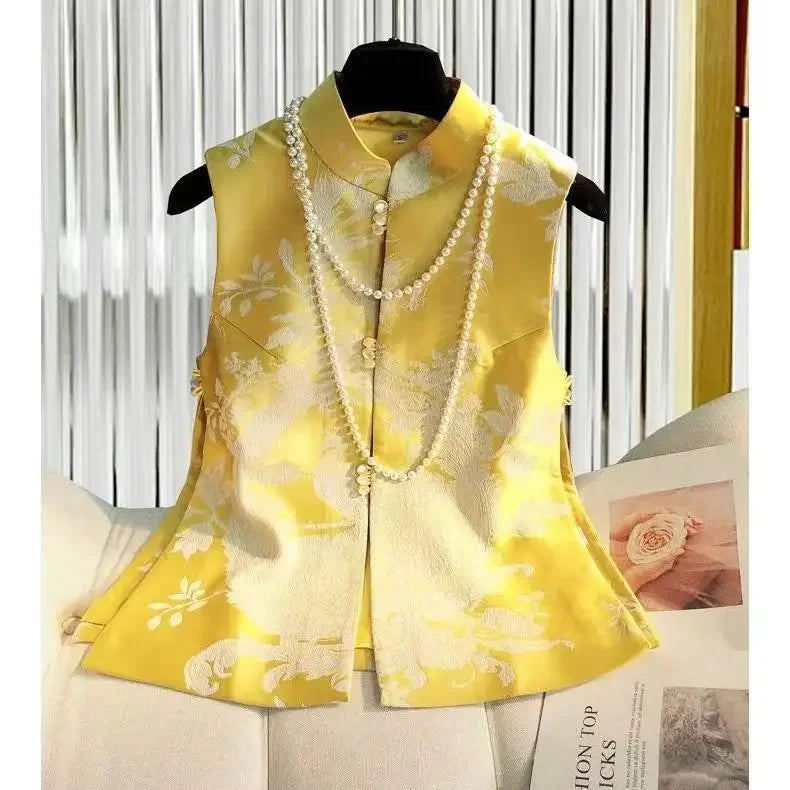 New Phoenix Print Cardigan Women Loose Sleeveless Vest Jackets Chinese Style Tang Suit Cheongsam Spring Summer Vest Vintage Coat