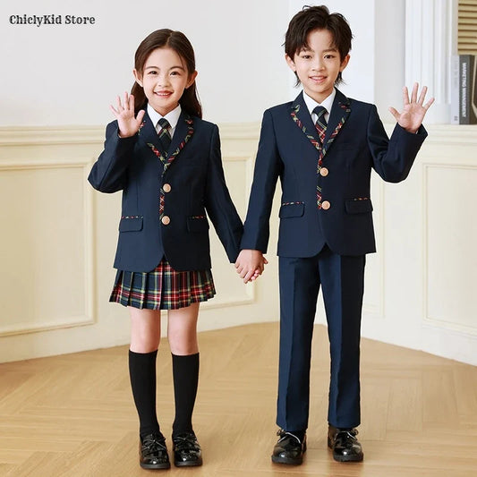 High Quality Kids British School Uniform Girls Korean Jacket Plaid Skirts Boys Blazers Pants Suits Children Student Clothes Sets