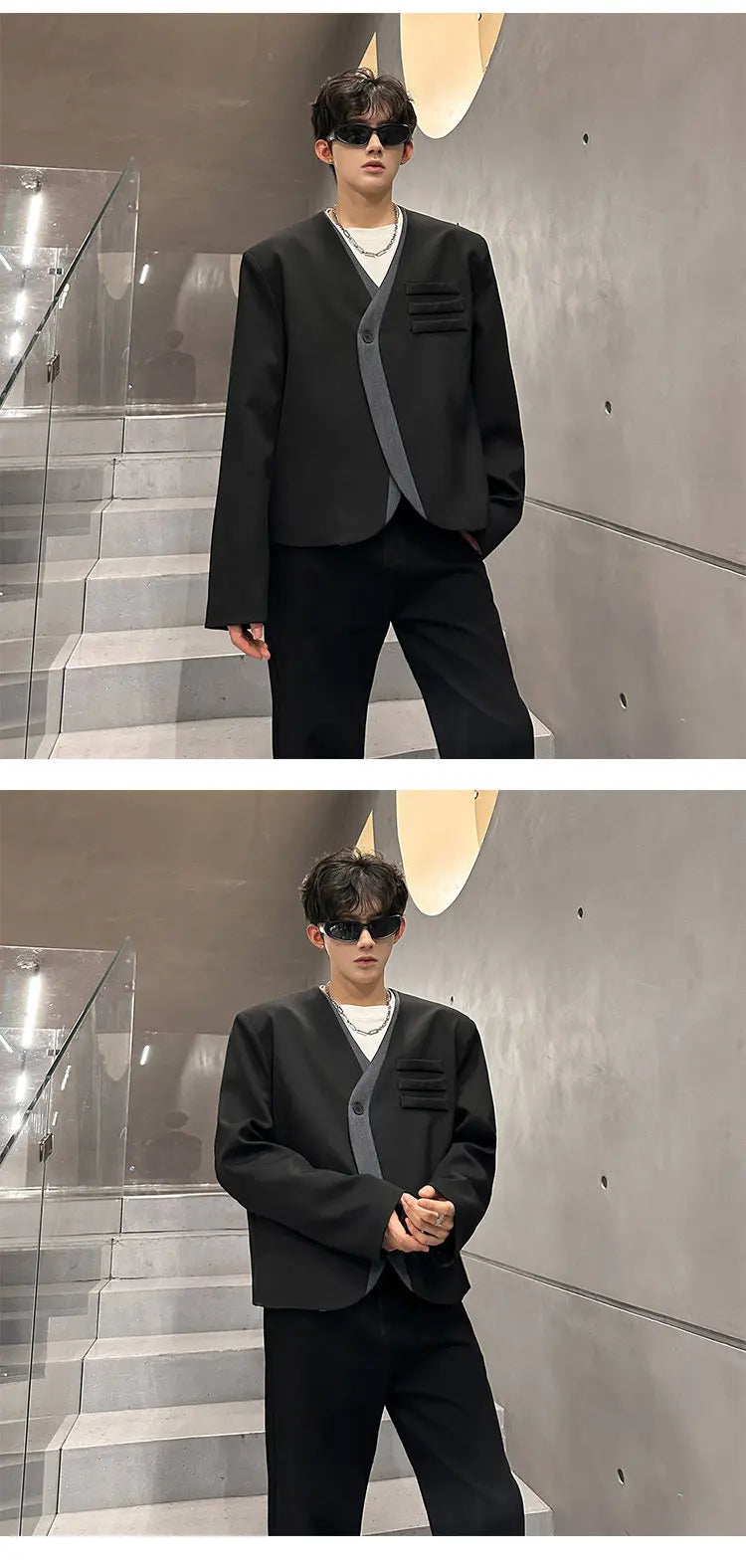 Color Contrast Fake Two Piece Design Handsome Korean Blazer Jacket Men Stylish Elegant V Neck Casual Male Clothes JY5226