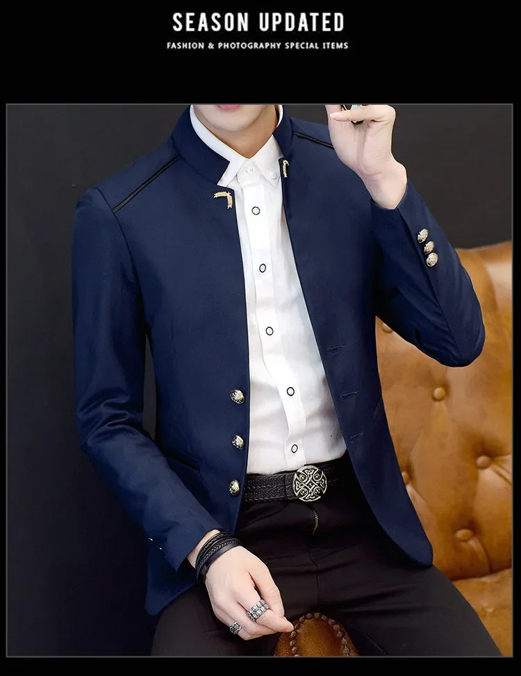 2024 Spring New Men's Stand Collar Casual Suit Jackets Youth Fashion Solid Color Stitching Three Button Mens Blazer Coats