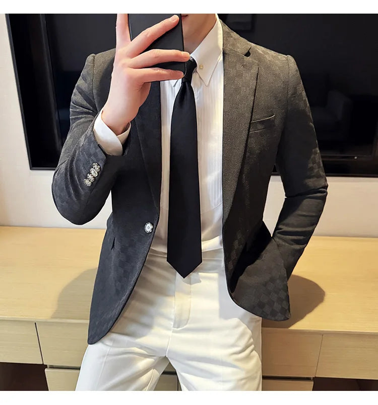 2024 Spring Plaid Blazers Men Single Breasted Casual Business Suit Jacket Fashion Slim Social Banquet Wedding Groom Dress Coats