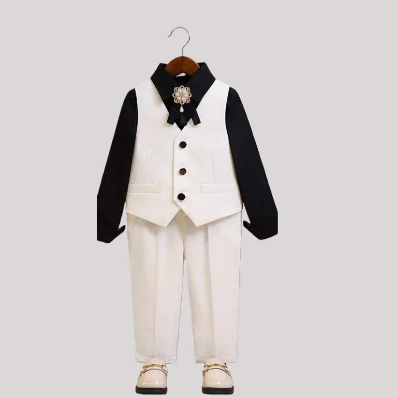 Boys Pure White Suit Set Kids Wedding Birthday Ceremony Party Performance Costume Childre's Piano Performance Costume