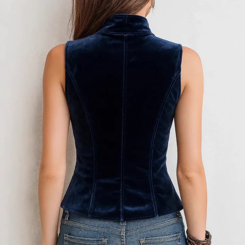 Women's Vest Jacket Elegant V Neck Double Breasted Top Sleeveless Slim Vintage Outerwear Coats