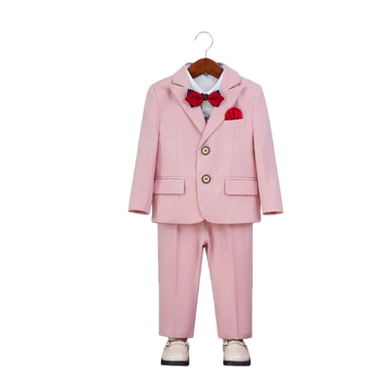 Boys Slim Fit Suit Set Kids Wedding Birthday Outfit Children's Performance Costume With Jacket Vest Pants Bowtie+Pocket Towel