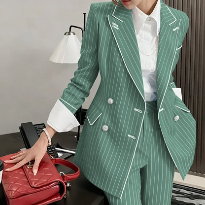 Slim-fit Women's Suit Modern Striped 2 Piece(Jacket+Pants) Set Classic Retro Blazer Daily Office Wear Business Formal Attire