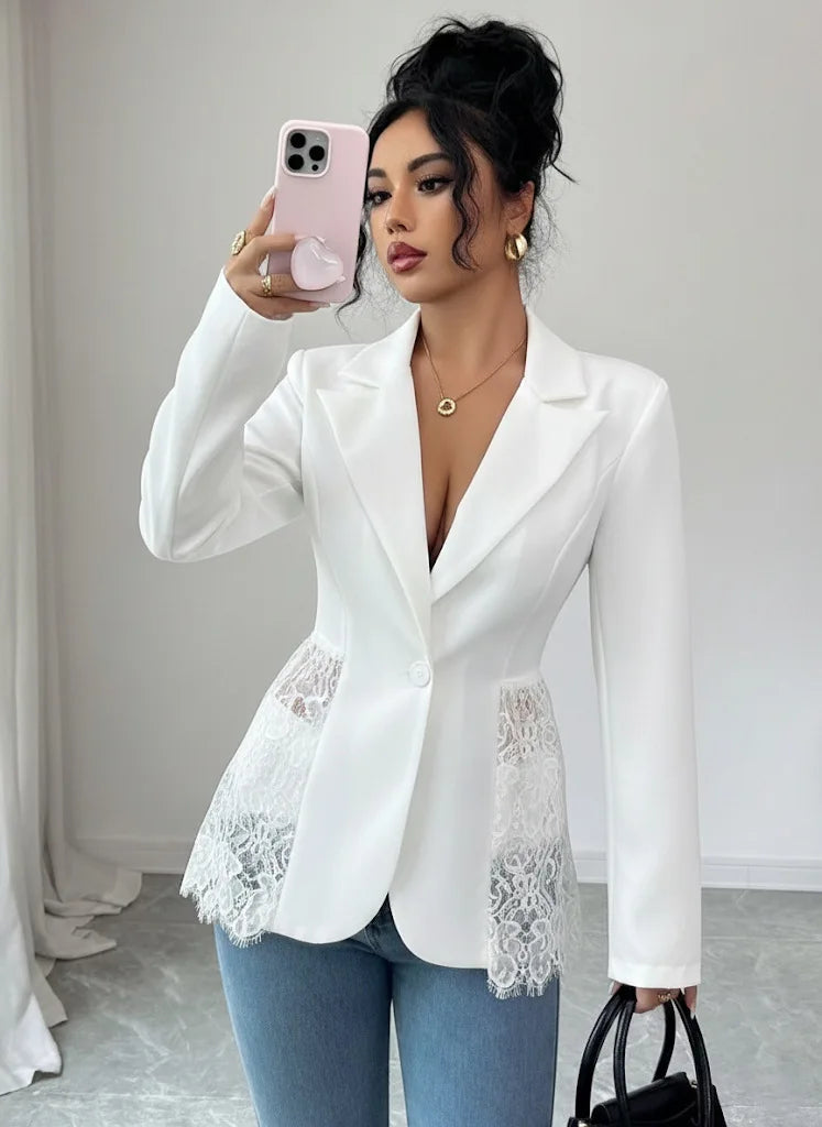 Elegant Style Women's Suit Jacket A-Line Silhouette Lace Waist Color Block Autumn New Arrival Fashion Outerwear