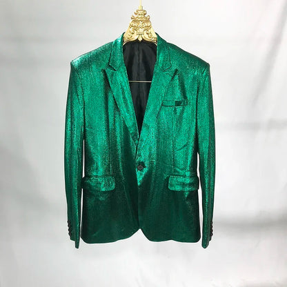 Bar Nightclub Shinny Silver Blue Green Blazer For Male Singer Host Stage Performance Costume Thin Style Slim One Button Coat