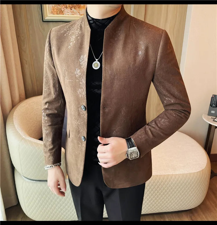 2025 Spring Trendy Jacquard Suit Jacket Men Stand Up Collar Casual Blazers Slim Wedding Business Streetwear Social Dress Coats