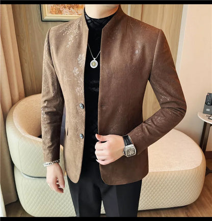 2025 Spring Trendy Jacquard Suit Jacket Men Stand Up Collar Casual Blazers Slim Wedding Business Streetwear Social Dress Coats