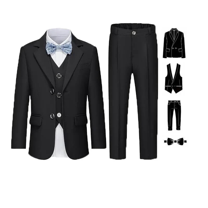 Gentleman Kids Blue 4Piece/Set Jacket Vest Pants Bowtie Photograph Suit Boys Piano Dress Children Graduation Performance Costume