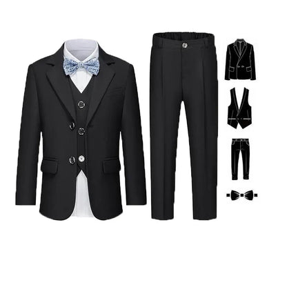 Gentleman Kids Blue 4Piece/Set Jacket Vest Pants Bowtie Photograph Suit Boys Piano Dress Children Graduation Performance Costume
