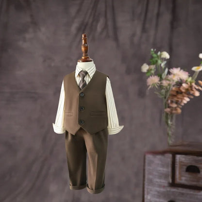 Birthday Formal Photography Outfit Flower Boys Brown Plaid Wedding Dress Kids Children's Piano Host Performance Costume