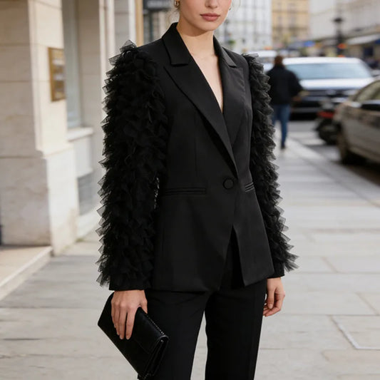 Spring Autumn New Women Blazer Notched Collar Single Button Patchwork Pleated Mesh Long Sleeve Elegant Fashion Coat HK18270