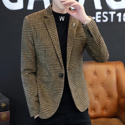 Men's Plaid Blazer Smart Casual Single Breasted Khaki Gray Autumn Office Jacket