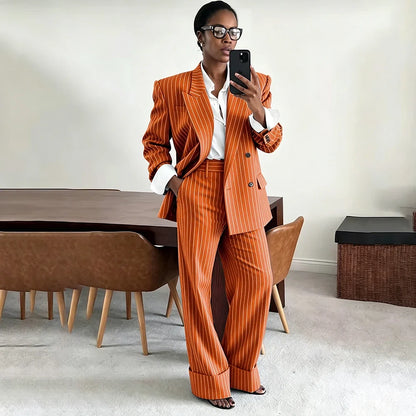 Neutral Gray Pinstripe Oversized Matching Sets Double Breasted Women's Suit Casual Formal 2-Piece(Jacket+Pants) Office Set