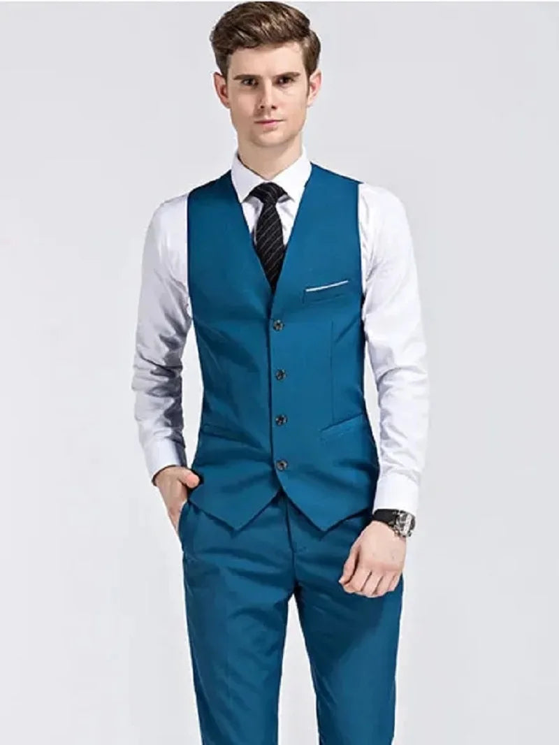 High Quality 3 Piece Groom Dress Slim Fit Wedding Evening Men Suits Vest Classic Solid Blue Formal Male Blazer