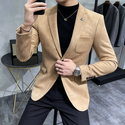 2023 Spring Suede Suit Jacket Men Casual Business Slim Fit Blazer Deerskin Leather Jacket Men Wedding Street Wear Social Coat